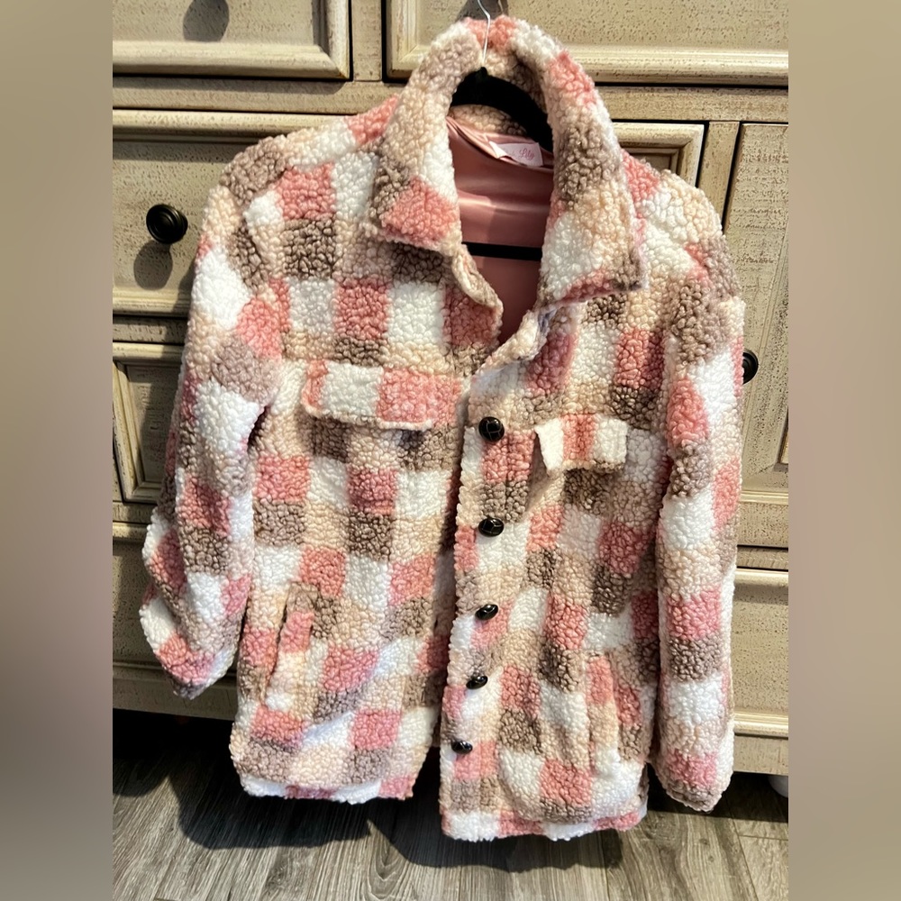 Pink Lily (S) never worn.  Too many jackets. Color block pink, tan, brown.